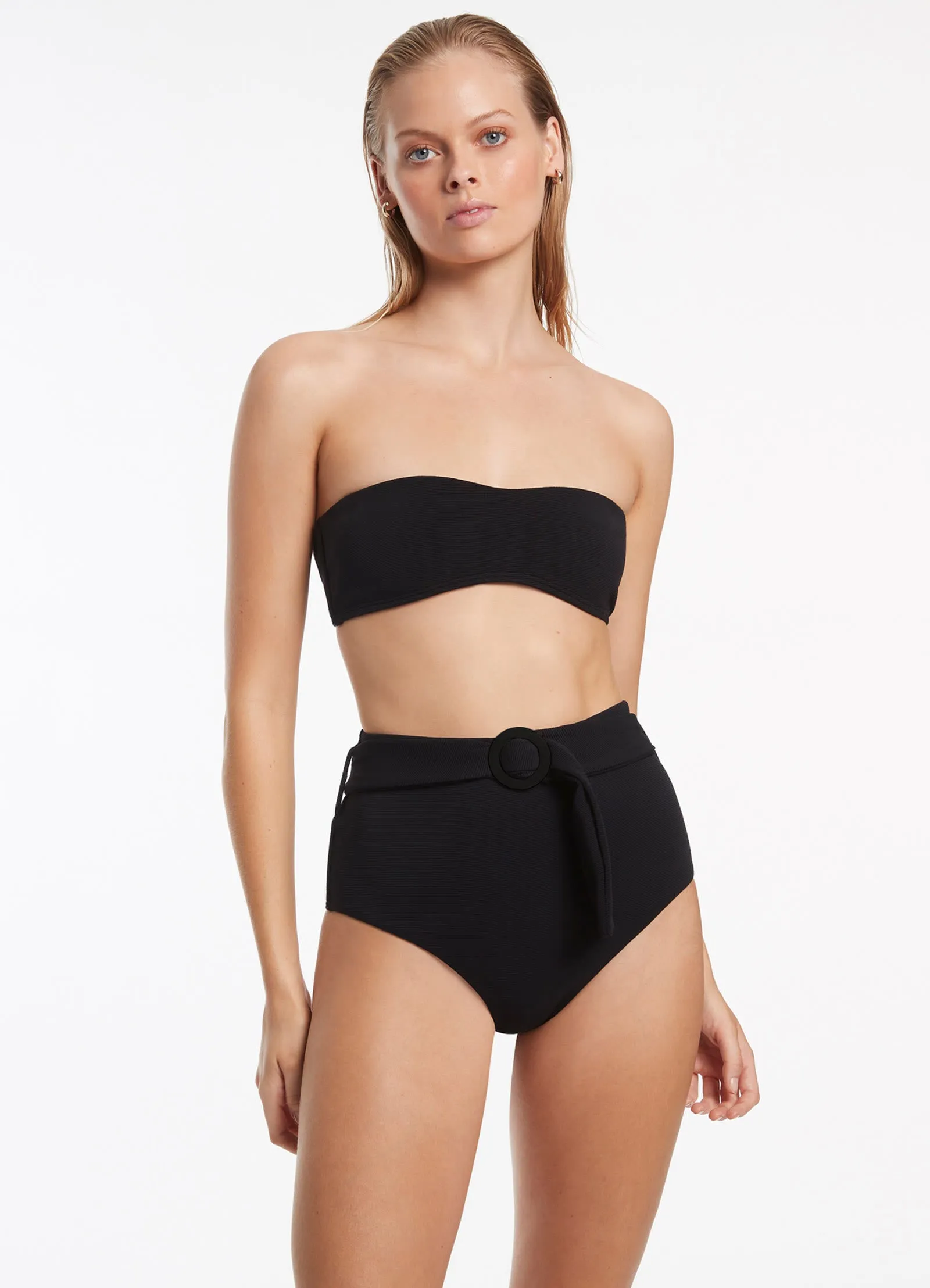 Isla High Waisted Black Bikini Bottom with Ribbed Belt