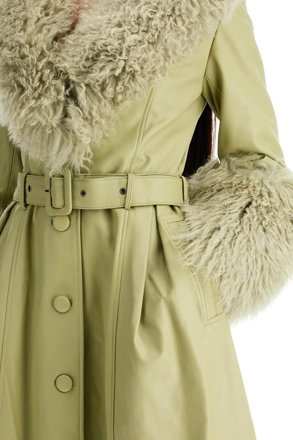 Leather and shearling long coat - Fox fur coat with shearling lining	

