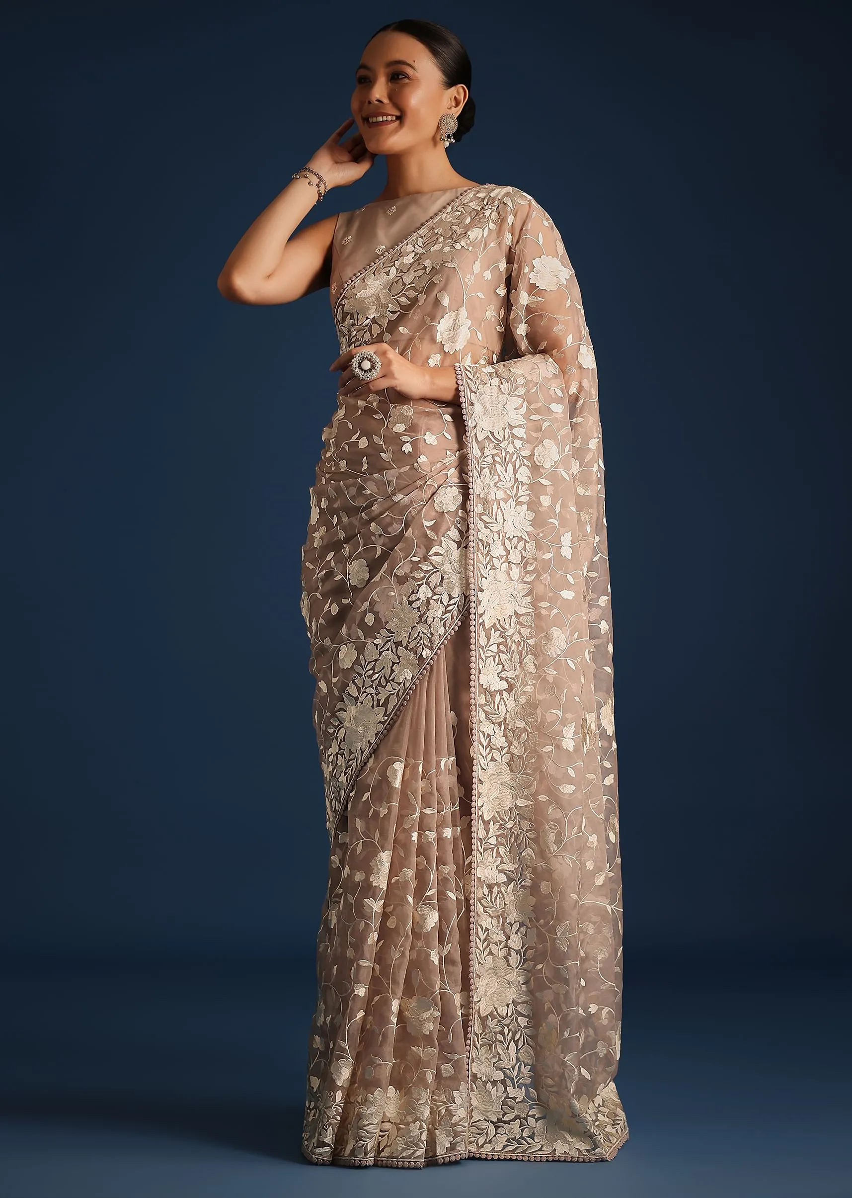 Light Brown Organza Resham Thread Embroidered Saree