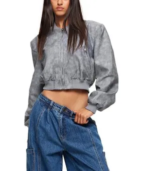 Lioness Womens Faux Leather Ribbed Trim Bomber Jacket