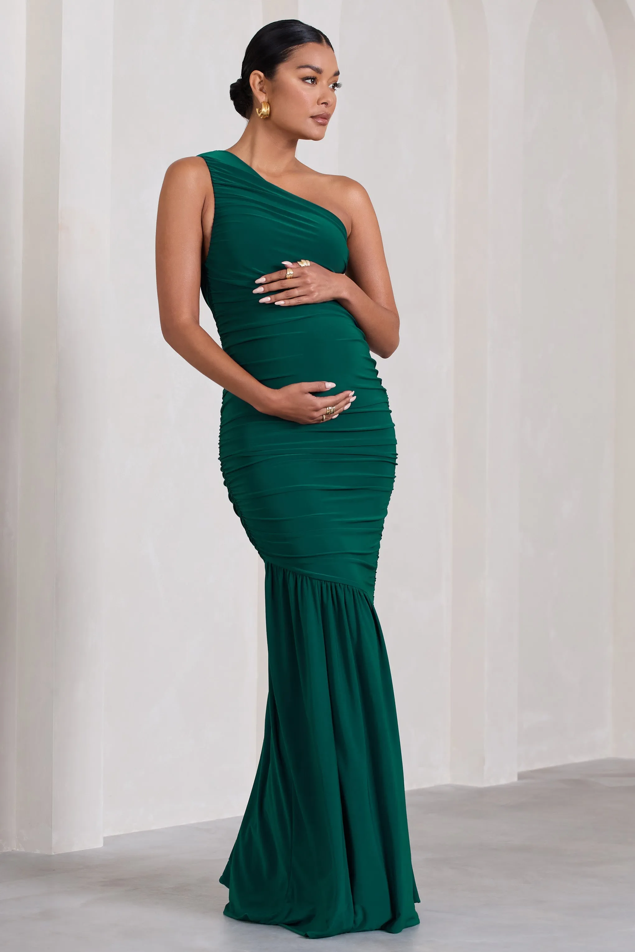 Make My Day Bottle Green One Shoulder Ruched Split Maternity Maxi Dress