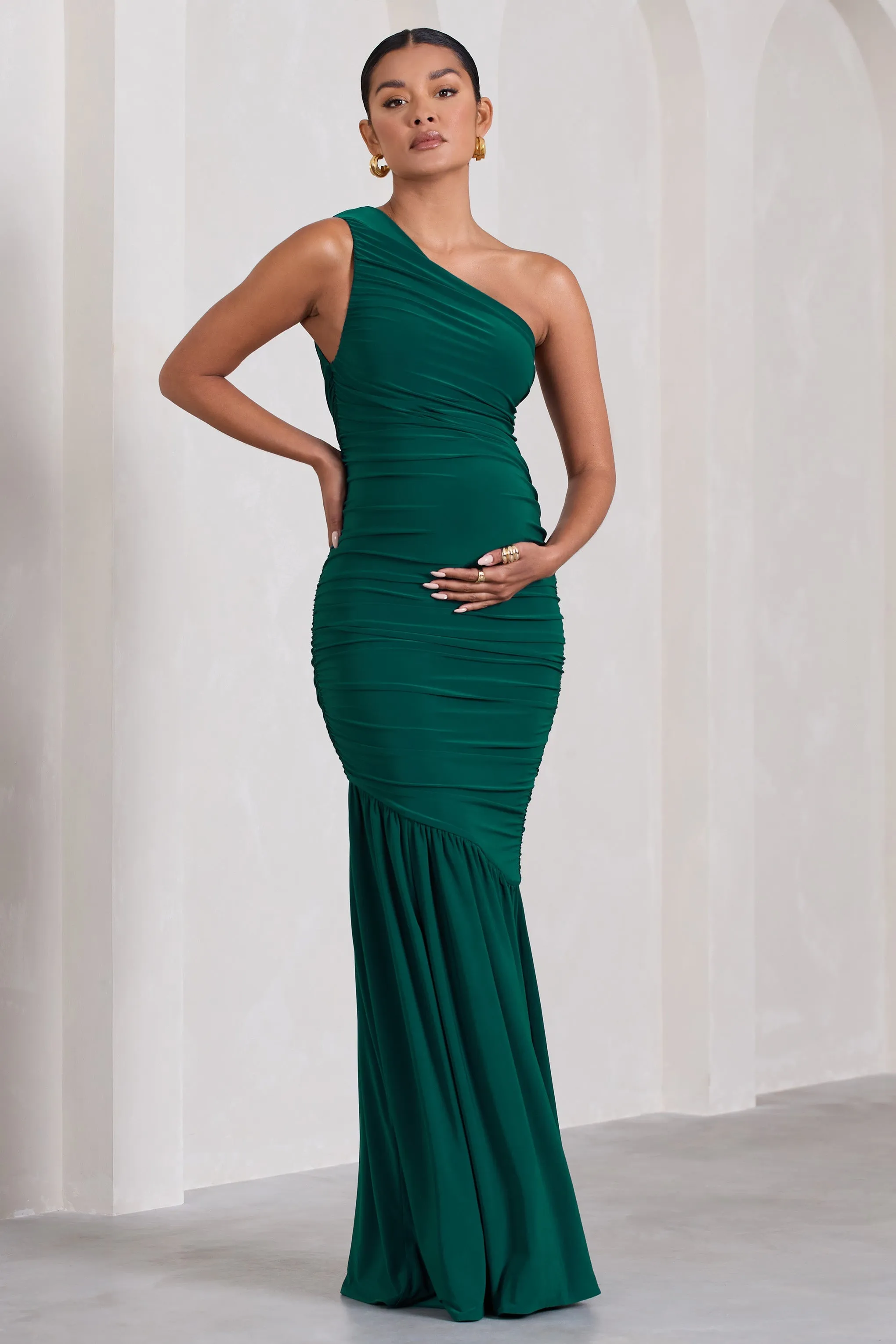 Make My Day Bottle Green One Shoulder Ruched Split Maternity Maxi Dress