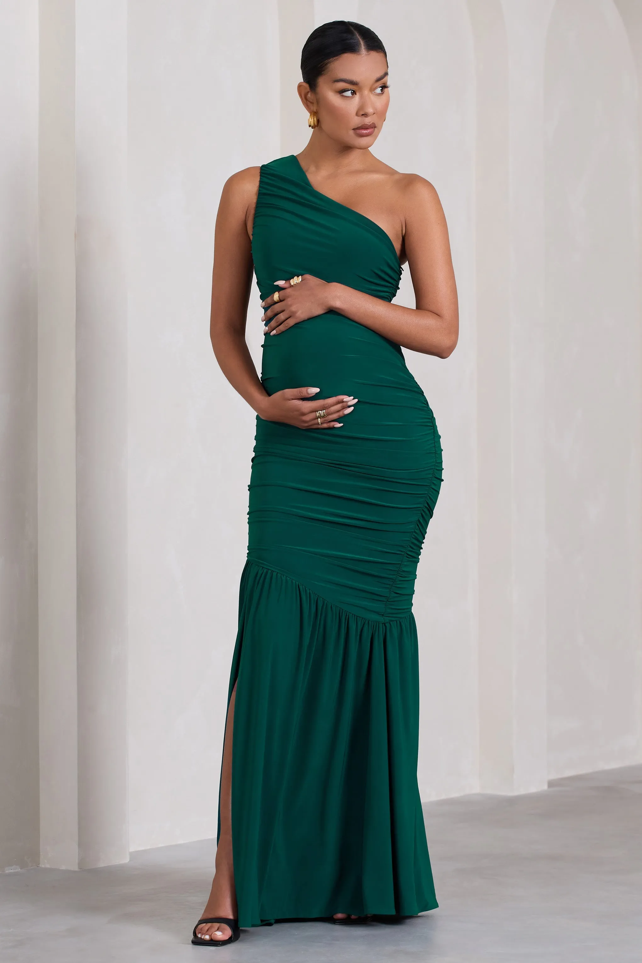 Make My Day Bottle Green One Shoulder Ruched Split Maternity Maxi Dress