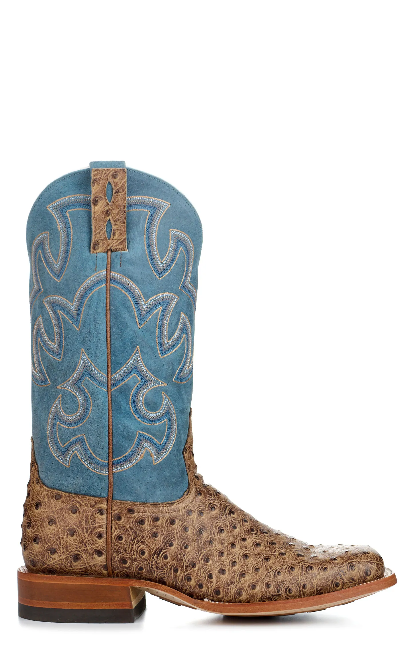 Men's Blue Sand Ostrich Print Wide Square Toe Cowboy Boots from Cavender's.