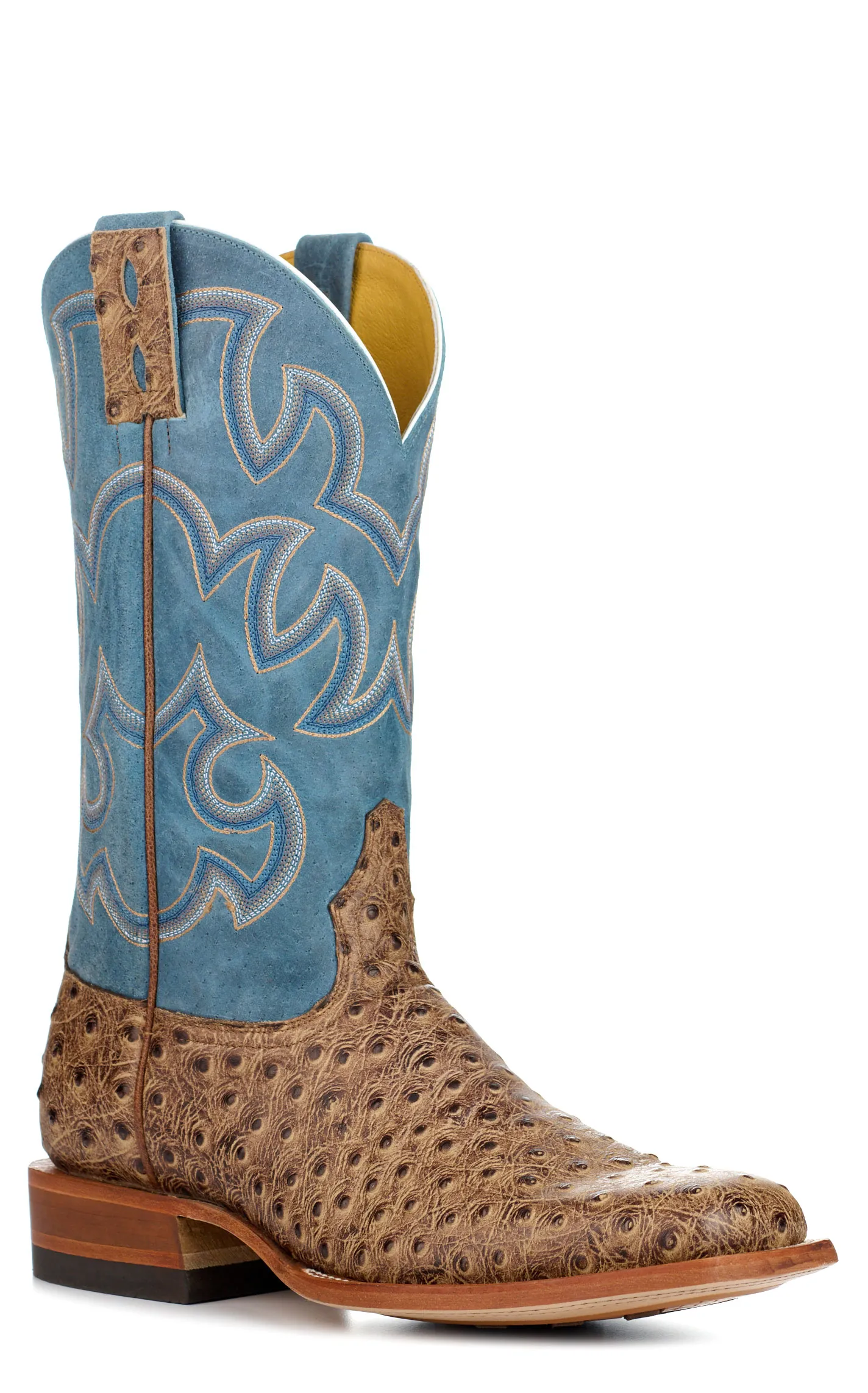 Men's Blue Sand Ostrich Print Wide Square Toe Cowboy Boots from Cavender's.