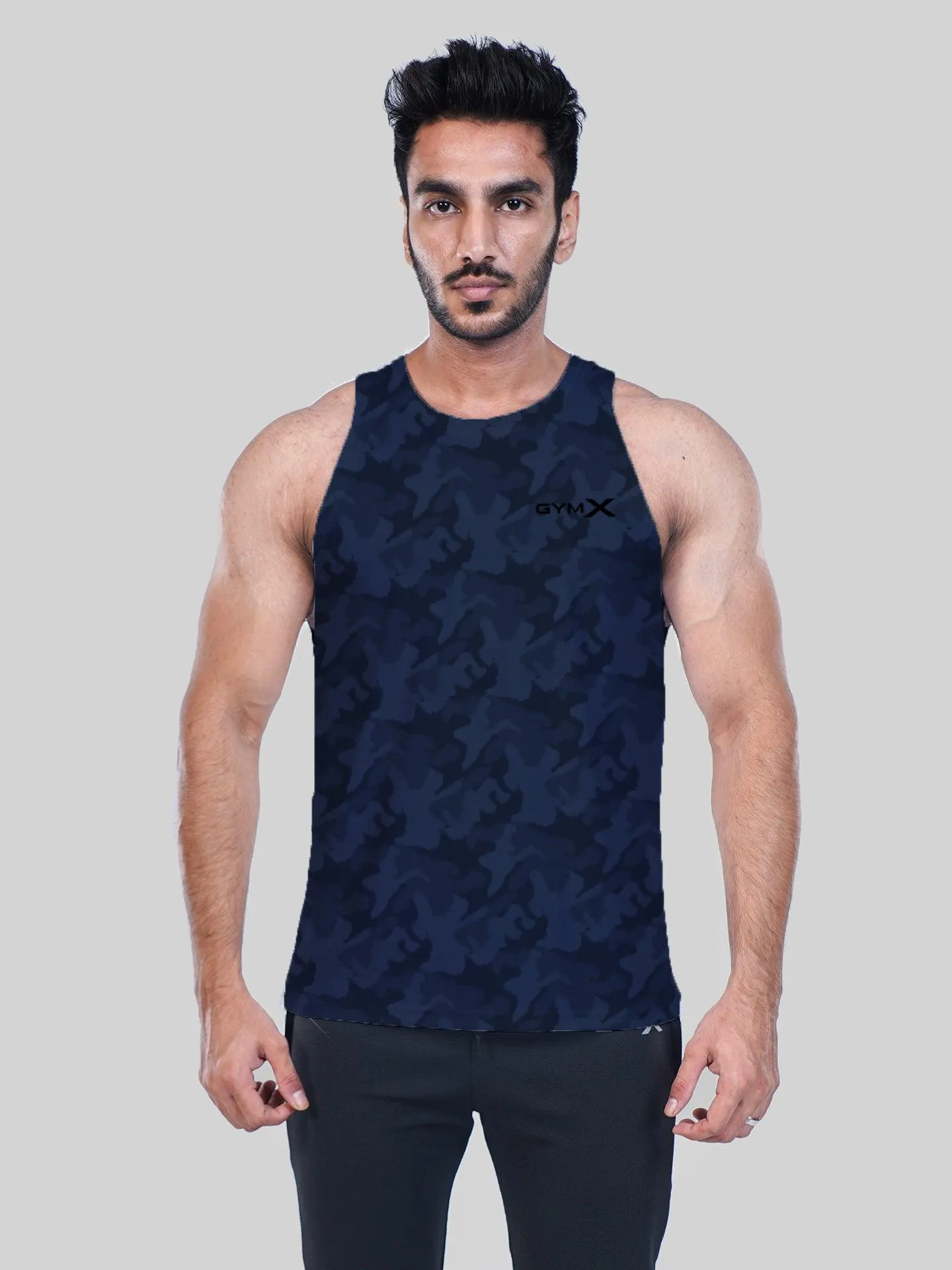 Midnight Blue Camo Stringer Tank Top with Deep Arm Holes - Discounted Price