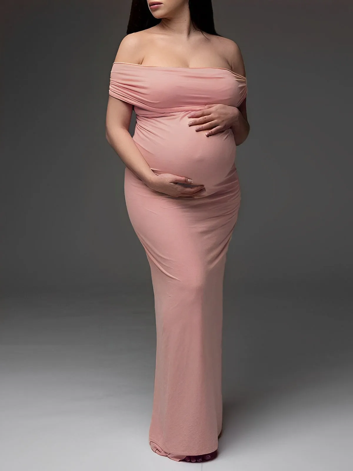 Momnfancy Pink Off Shoulder Ruched Boat Neck Bodycon Maternity Maxi Dress for Photoshoot