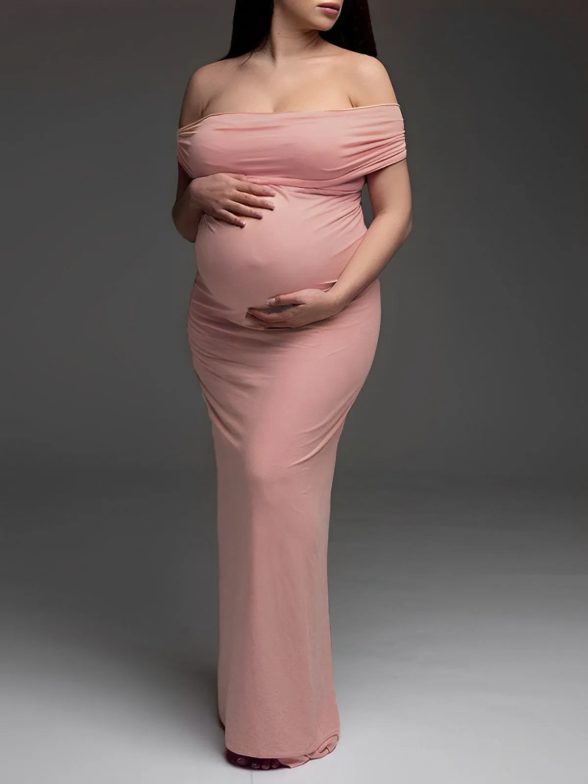 Momnfancy Pink Off Shoulder Ruched Boat Neck Bodycon Maternity Maxi Dress for Photoshoot