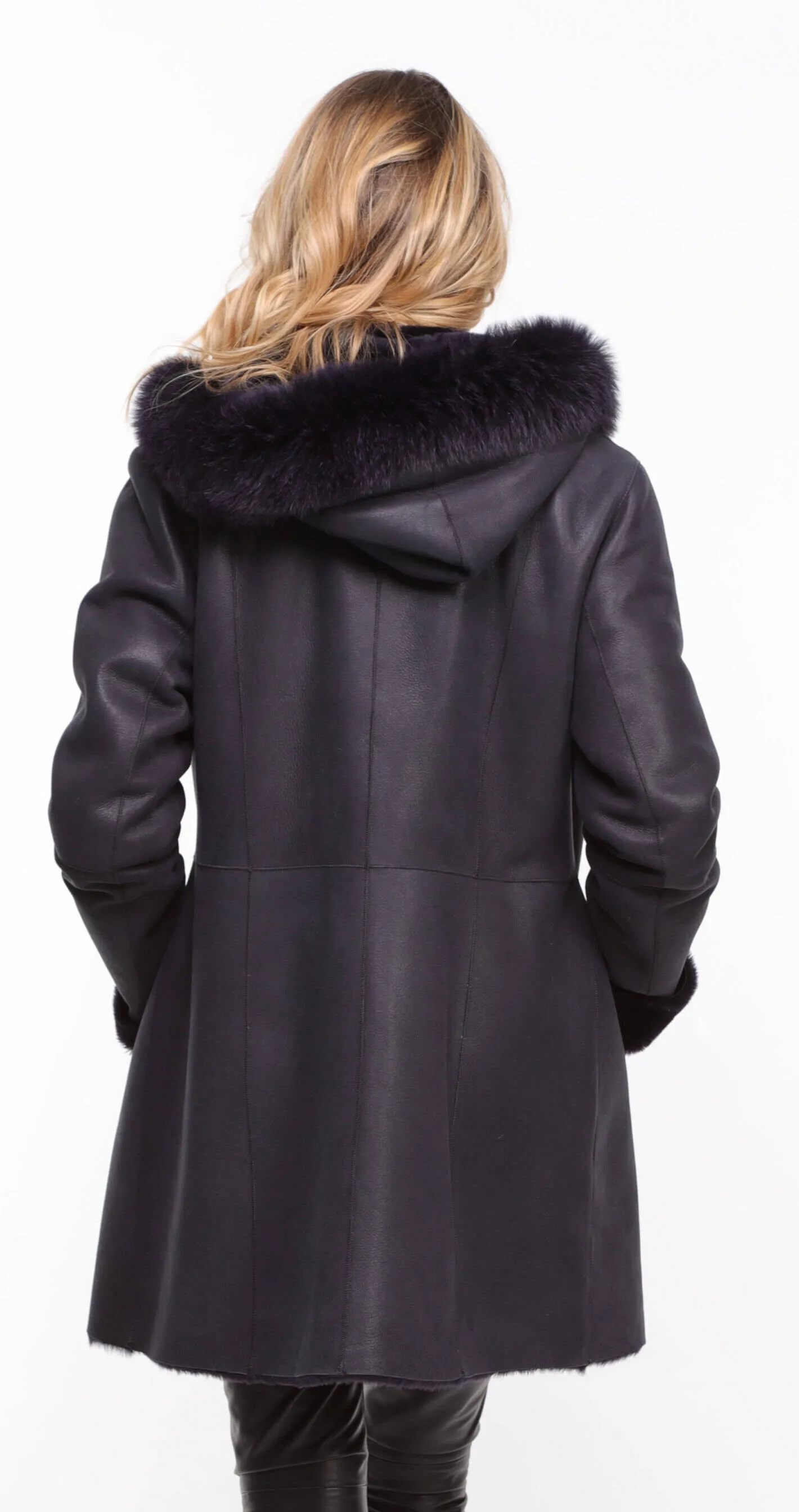 Navy Blue Women's Sheepskin Hooded Coat - Aurelia