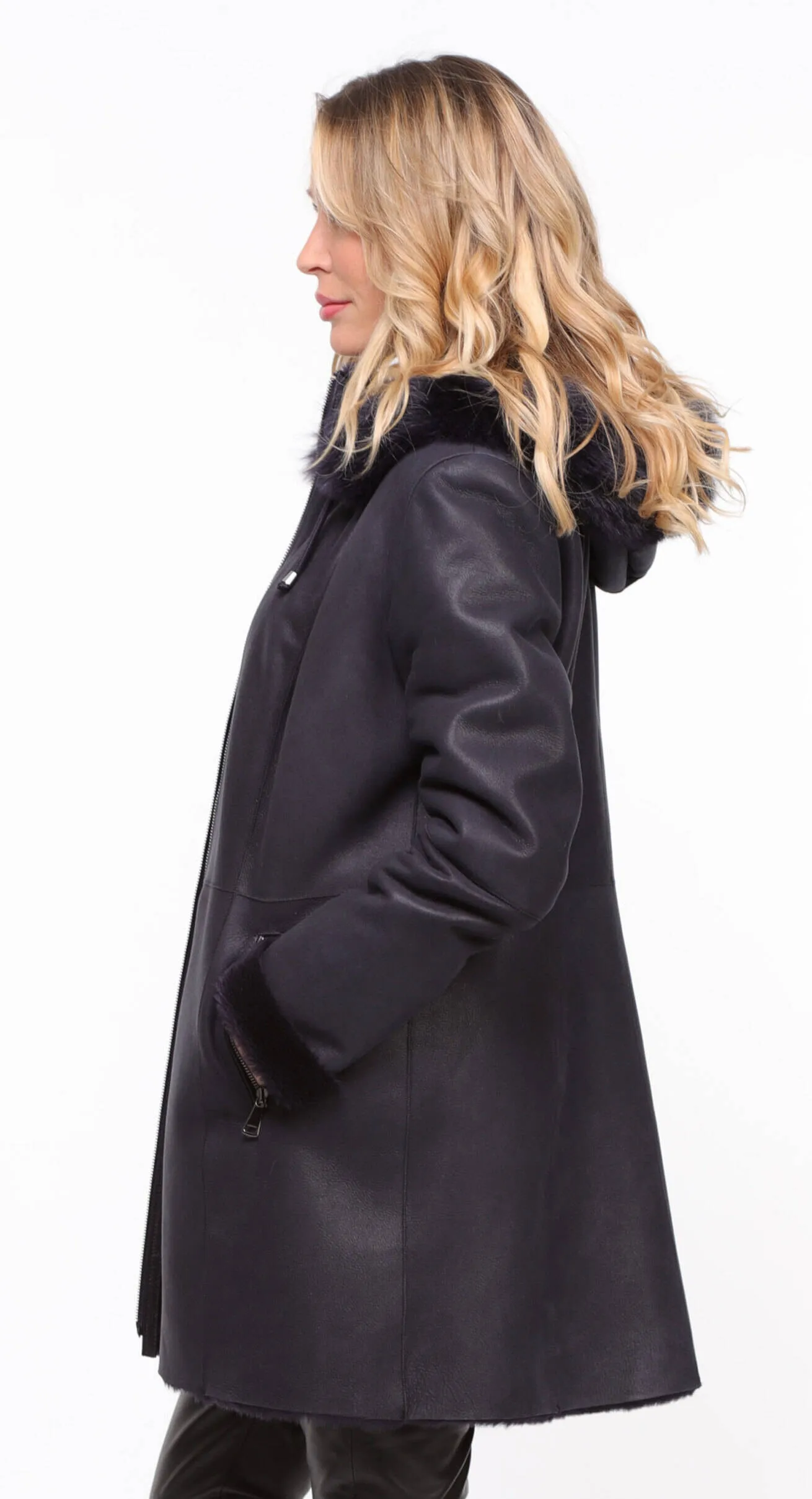 Navy Blue Women's Sheepskin Hooded Coat - Aurelia