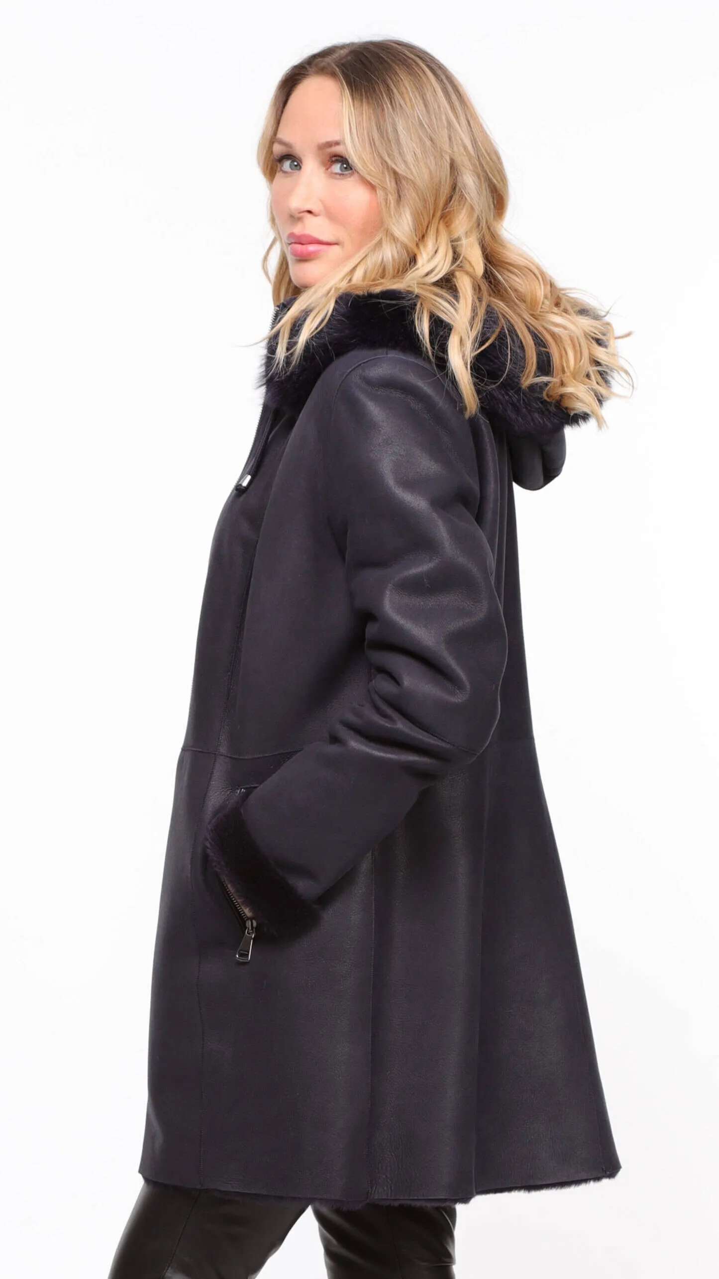 Navy Blue Women's Sheepskin Hooded Coat - Aurelia