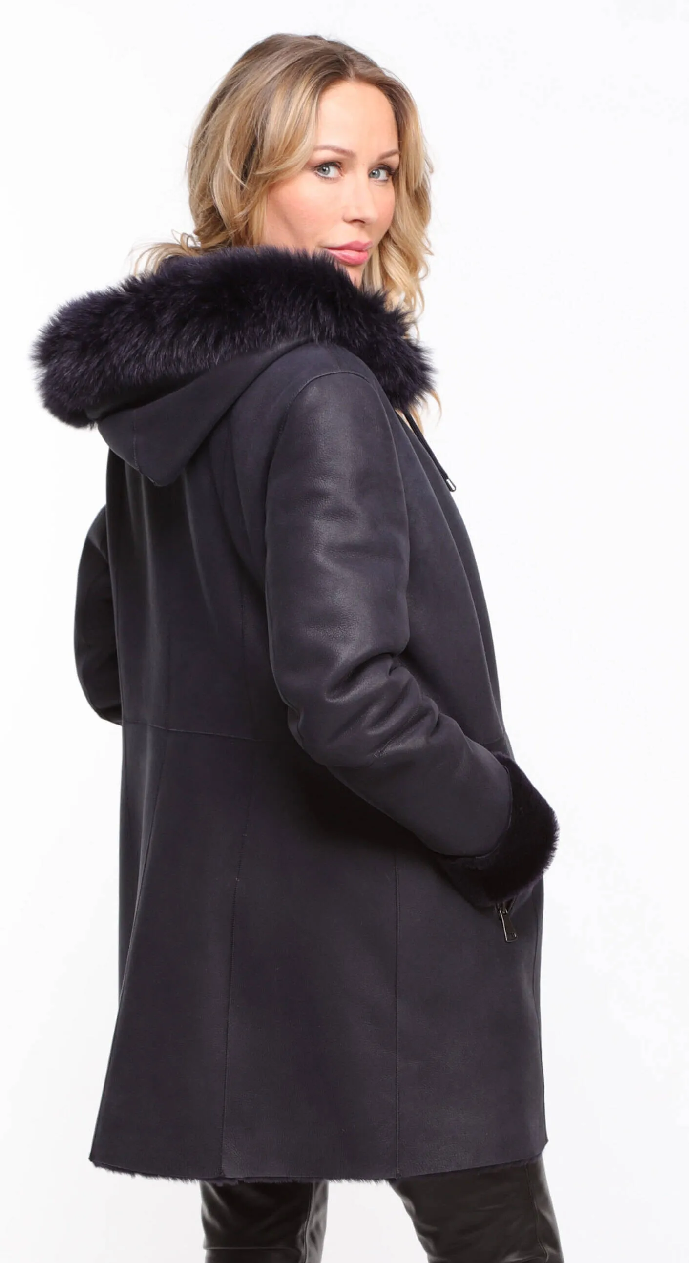 Navy Blue Women's Sheepskin Hooded Coat - Aurelia