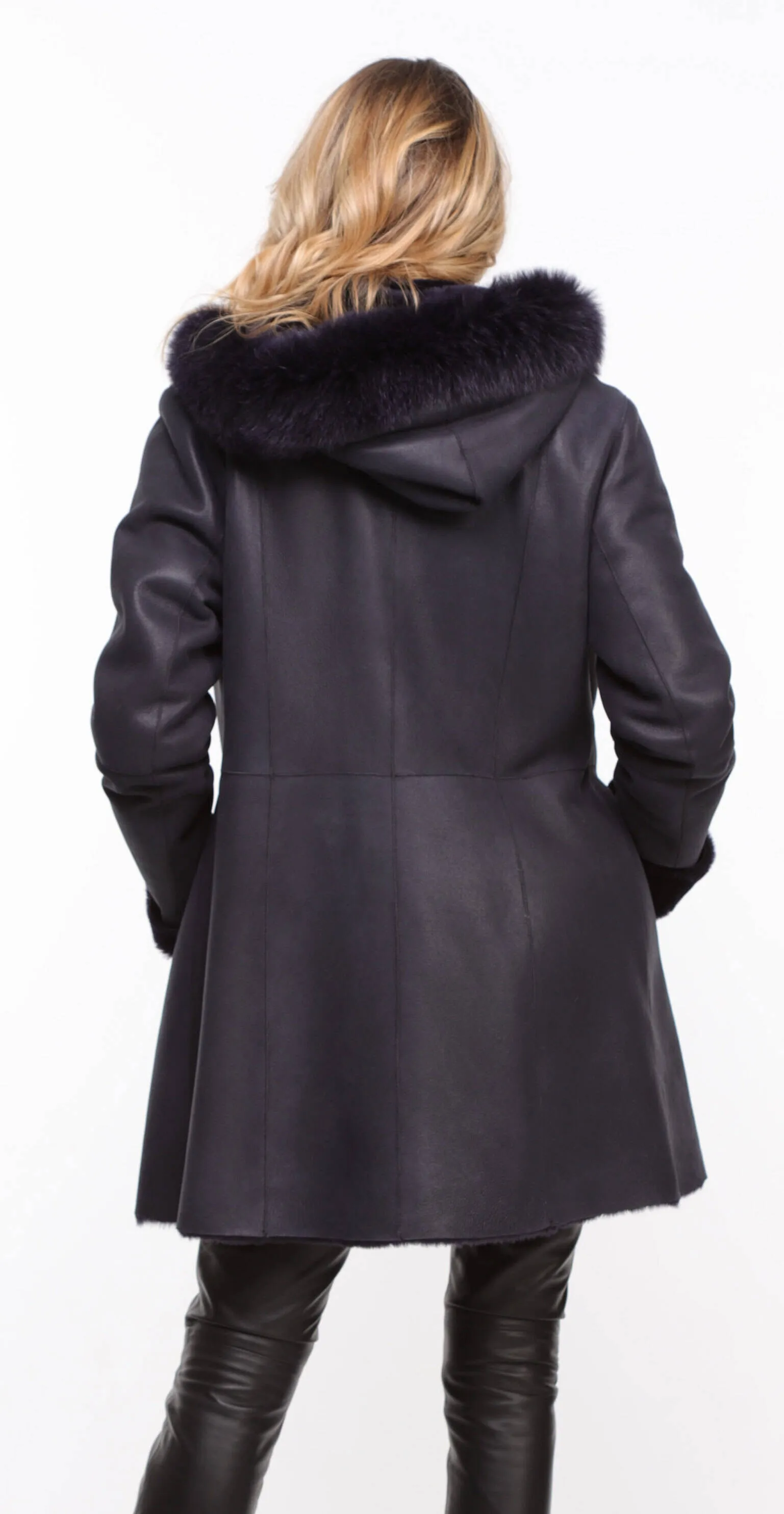 Navy Blue Women's Sheepskin Hooded Coat - Aurelia