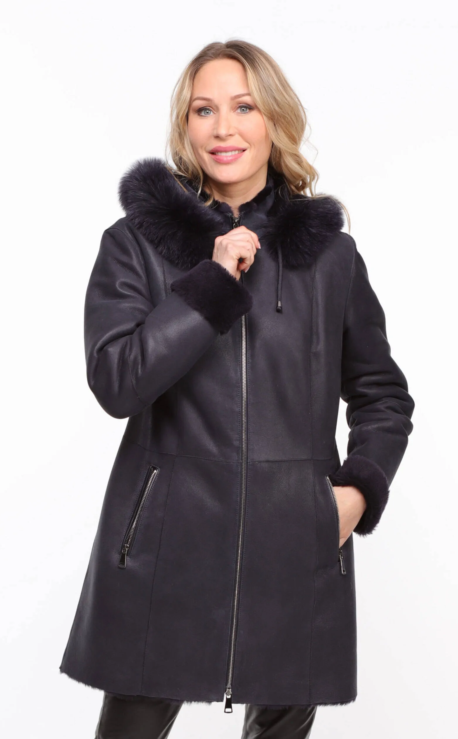 Navy Blue Women's Sheepskin Hooded Coat - Aurelia