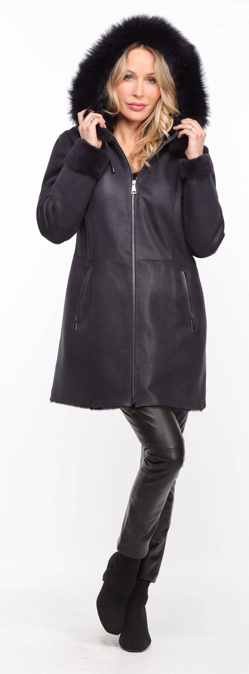 Navy Blue Women's Sheepskin Hooded Coat - Aurelia