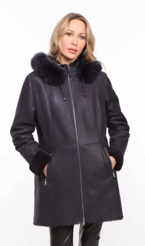 Navy Blue Women's Sheepskin Hooded Coat - Aurelia