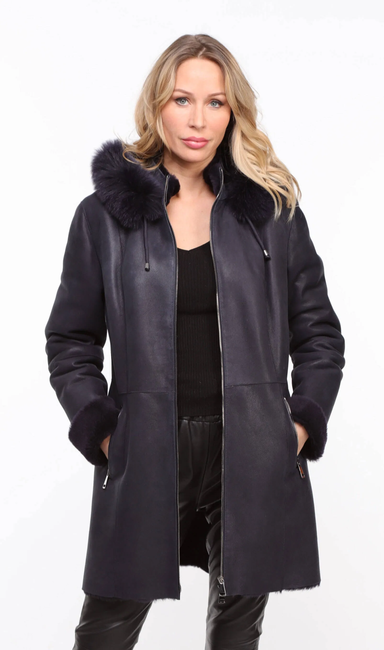 Navy Blue Women's Sheepskin Hooded Coat - Aurelia