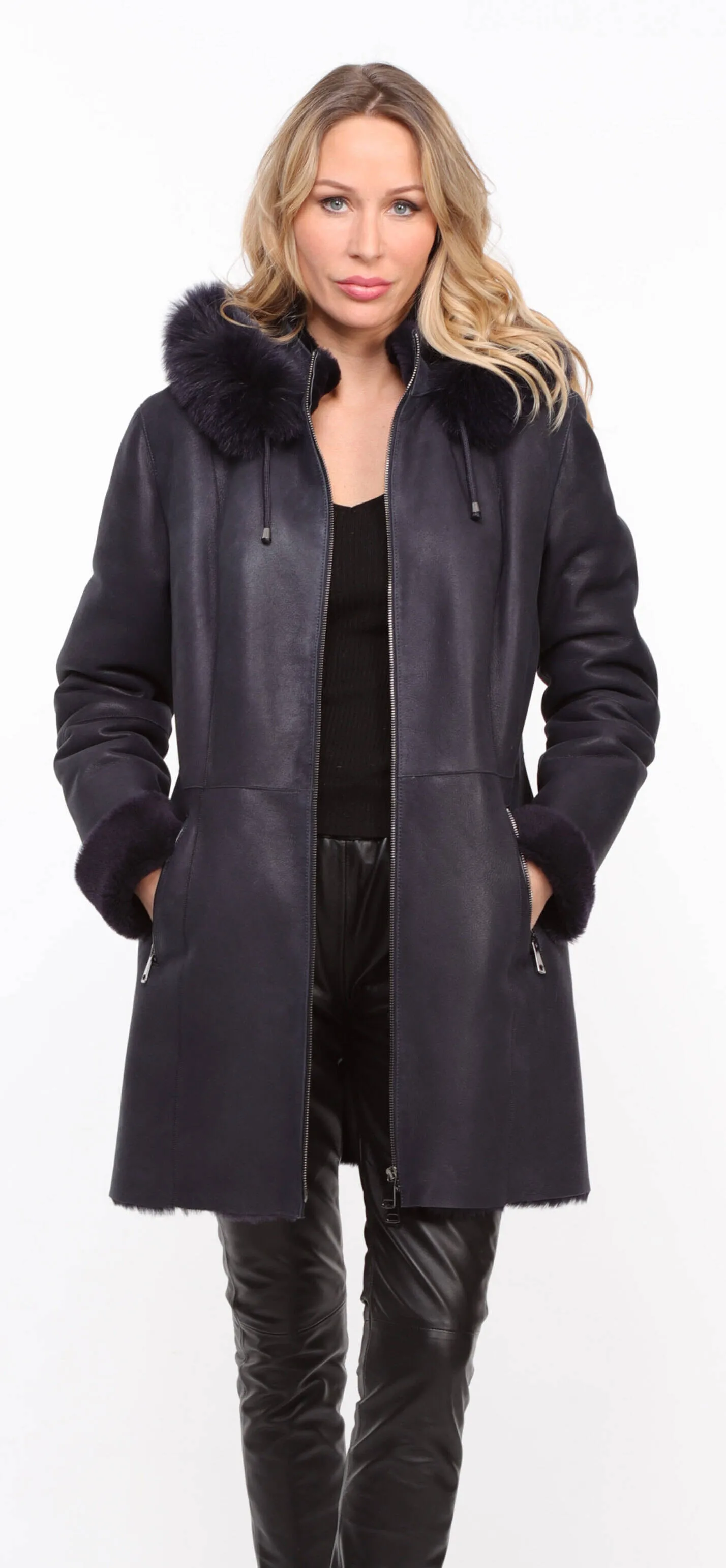 Navy Blue Women's Sheepskin Hooded Coat - Aurelia