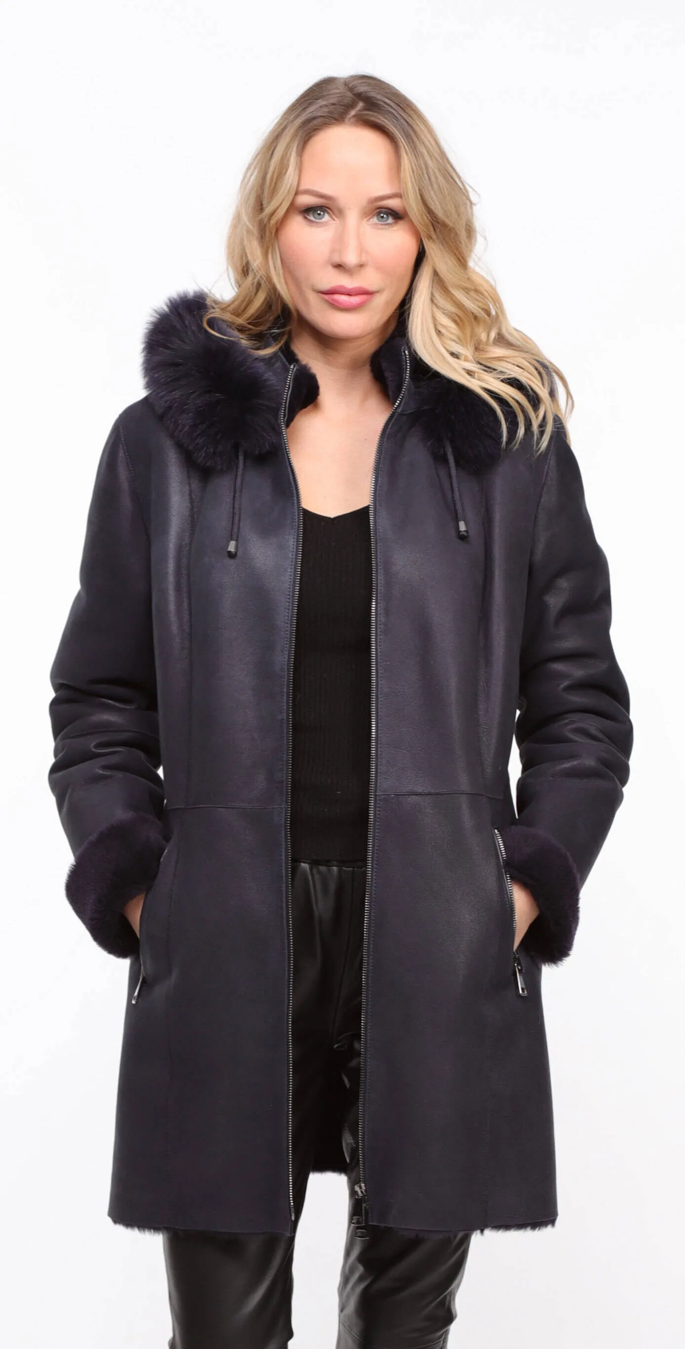 Navy Blue Women's Sheepskin Hooded Coat - Aurelia