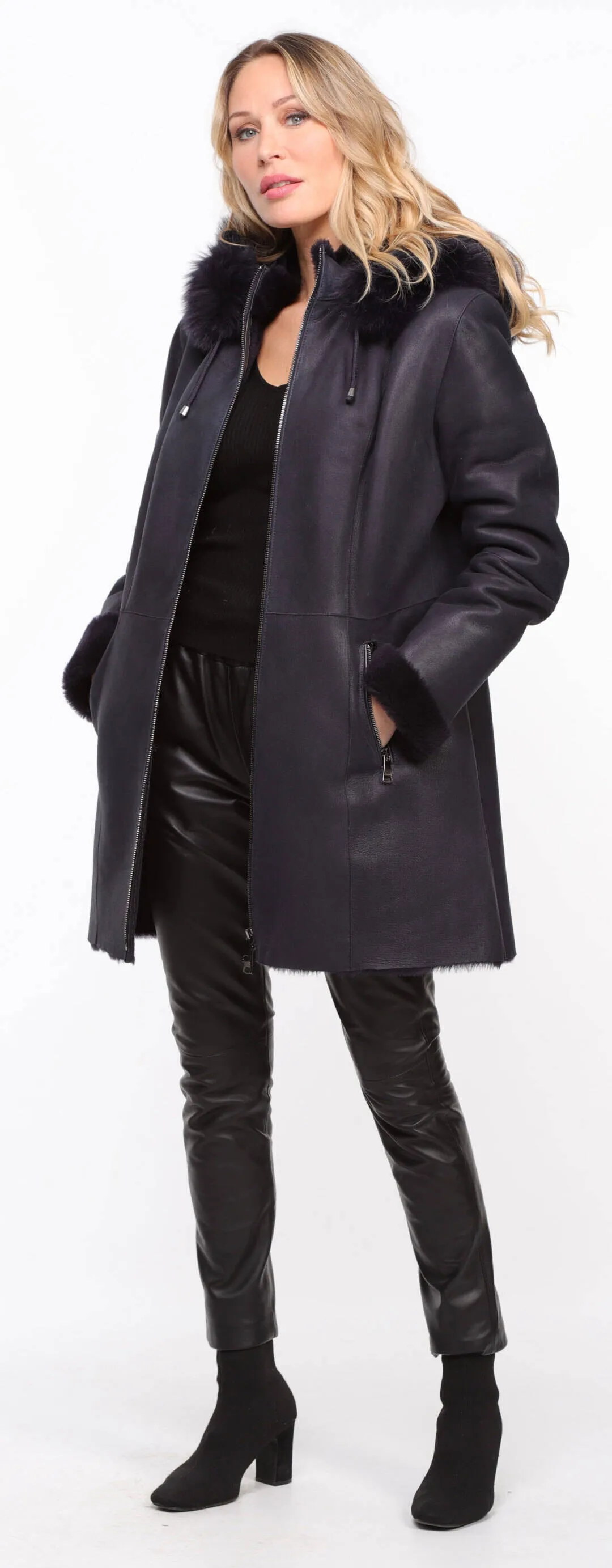 Navy Blue Women's Sheepskin Hooded Coat - Aurelia