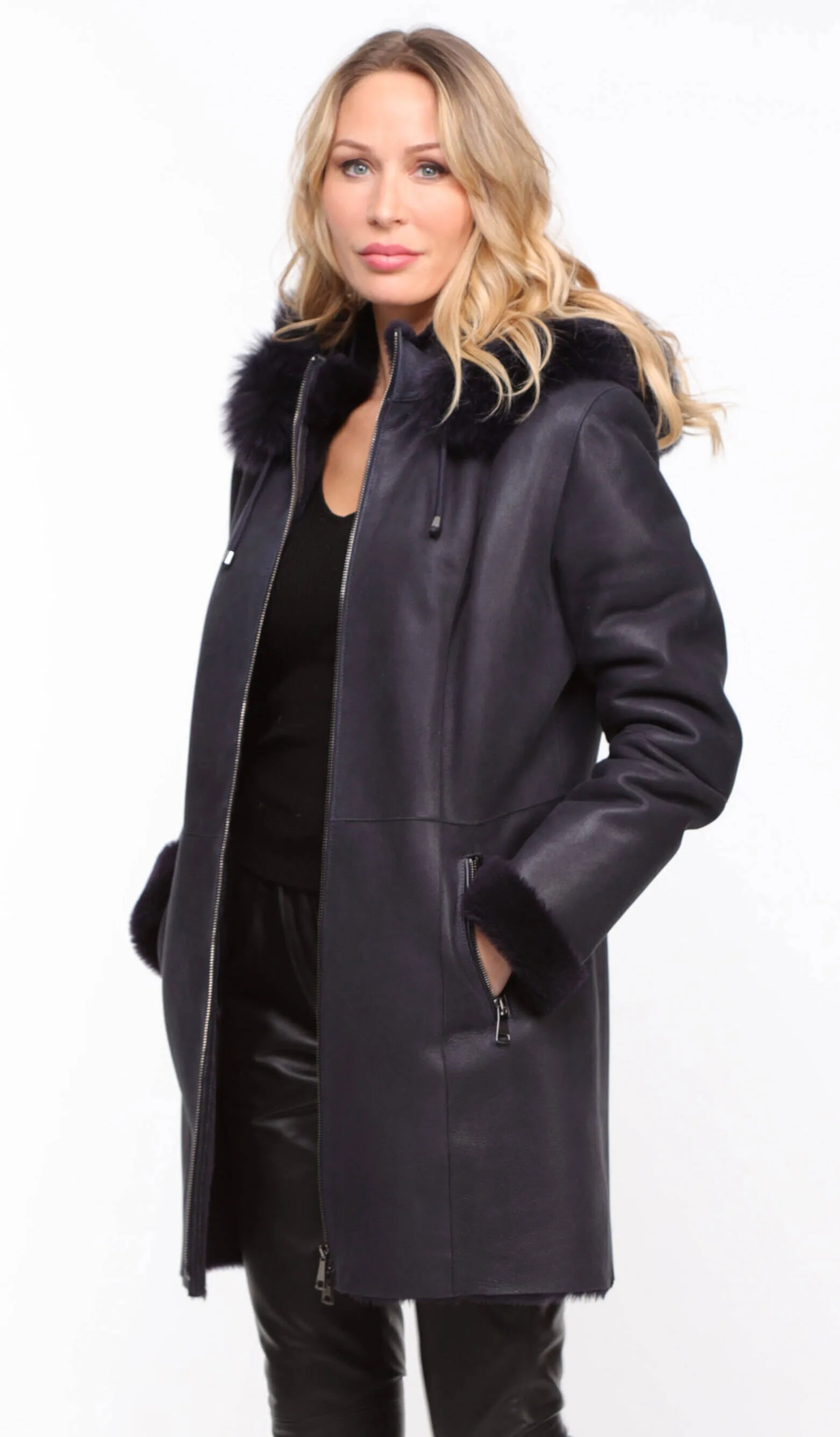 Navy Blue Women's Sheepskin Hooded Coat - Aurelia