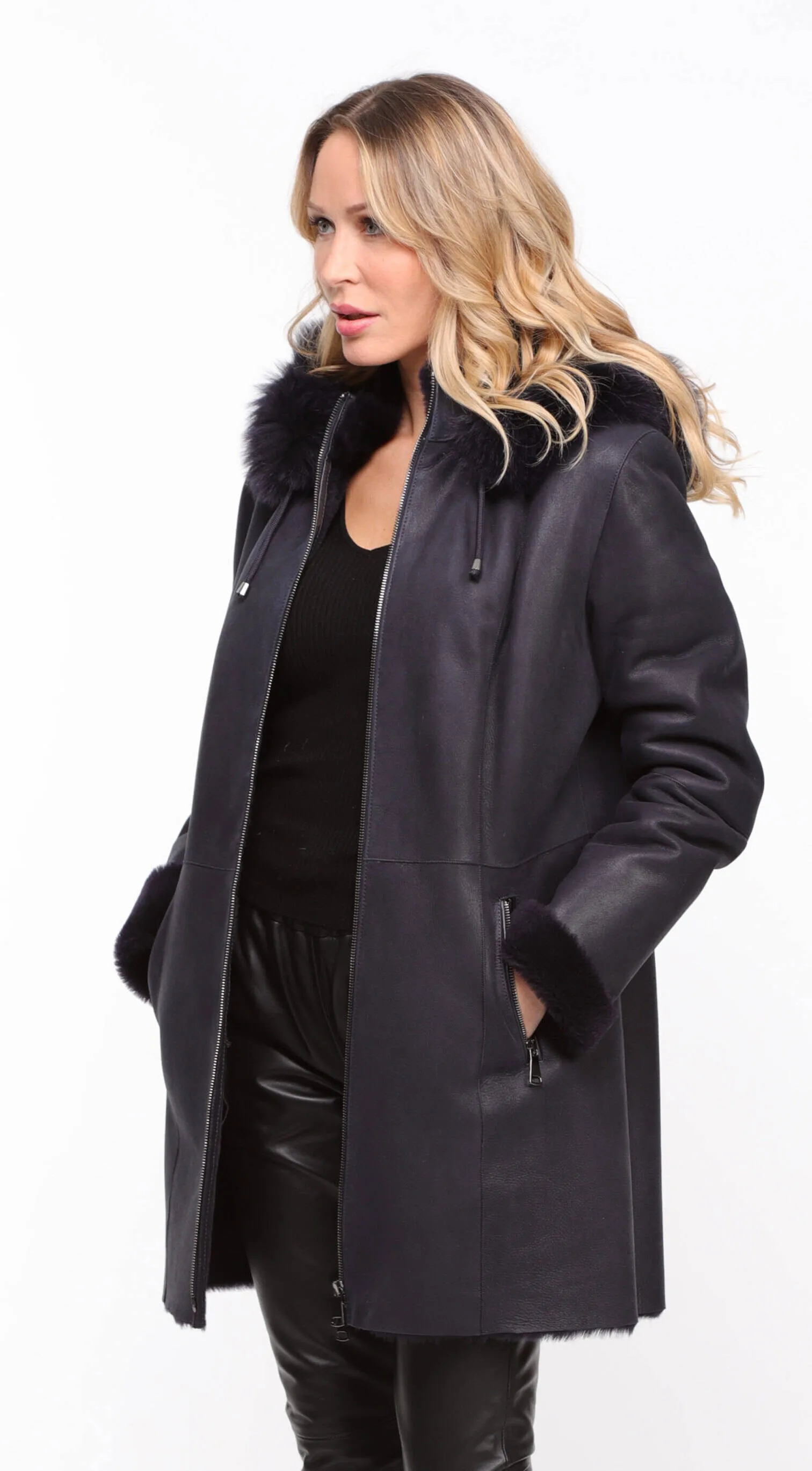 Navy Blue Women's Sheepskin Hooded Coat - Aurelia