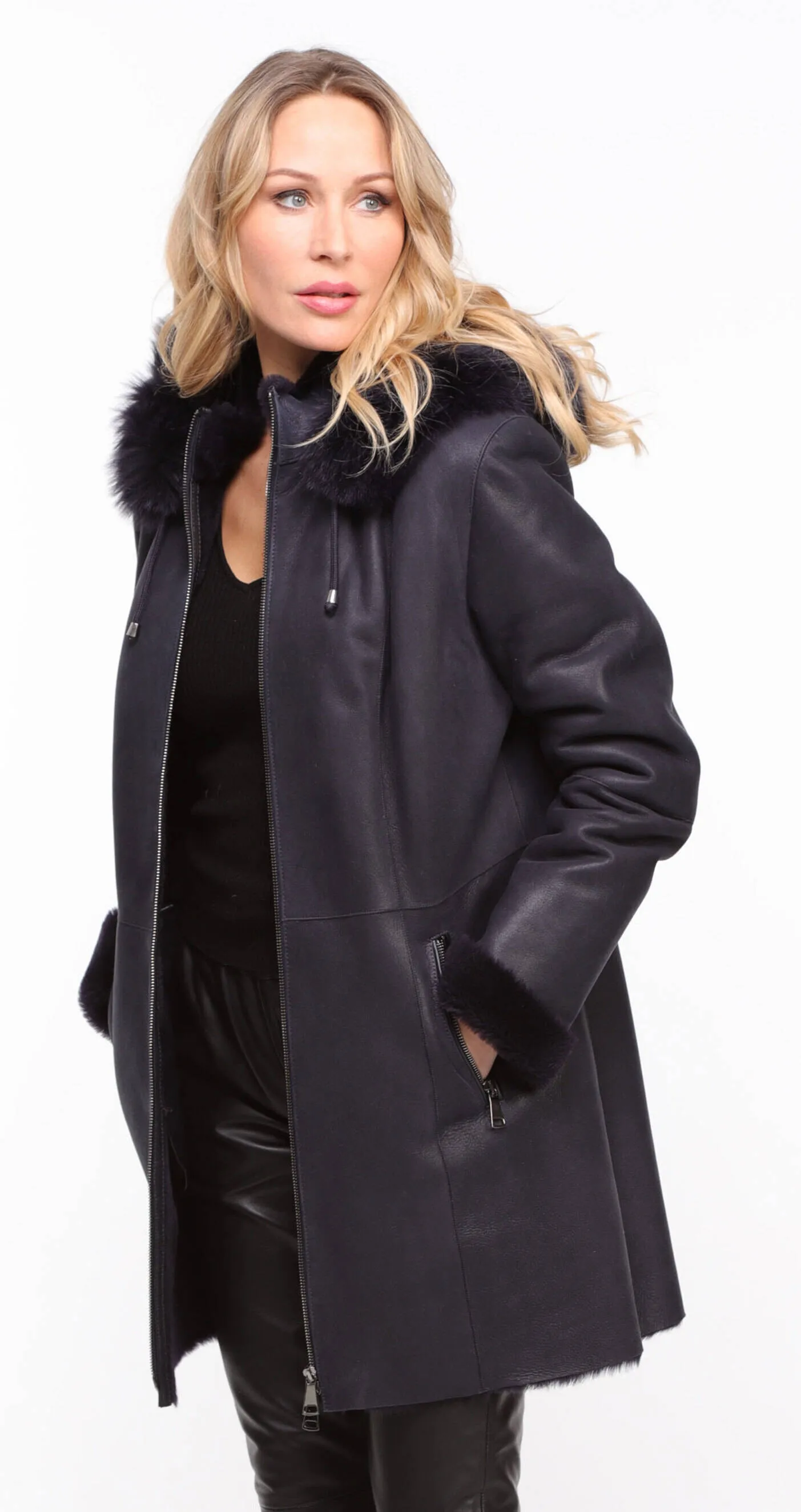 Navy Blue Women's Sheepskin Hooded Coat - Aurelia