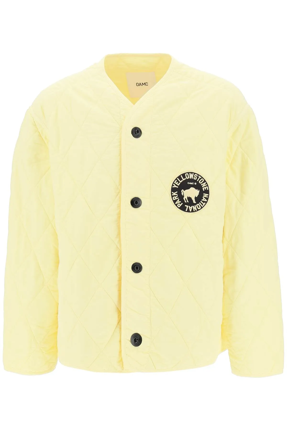 Oamc Denali Quilted Jacket with Print and Embroidery in Light Pastel Yellow