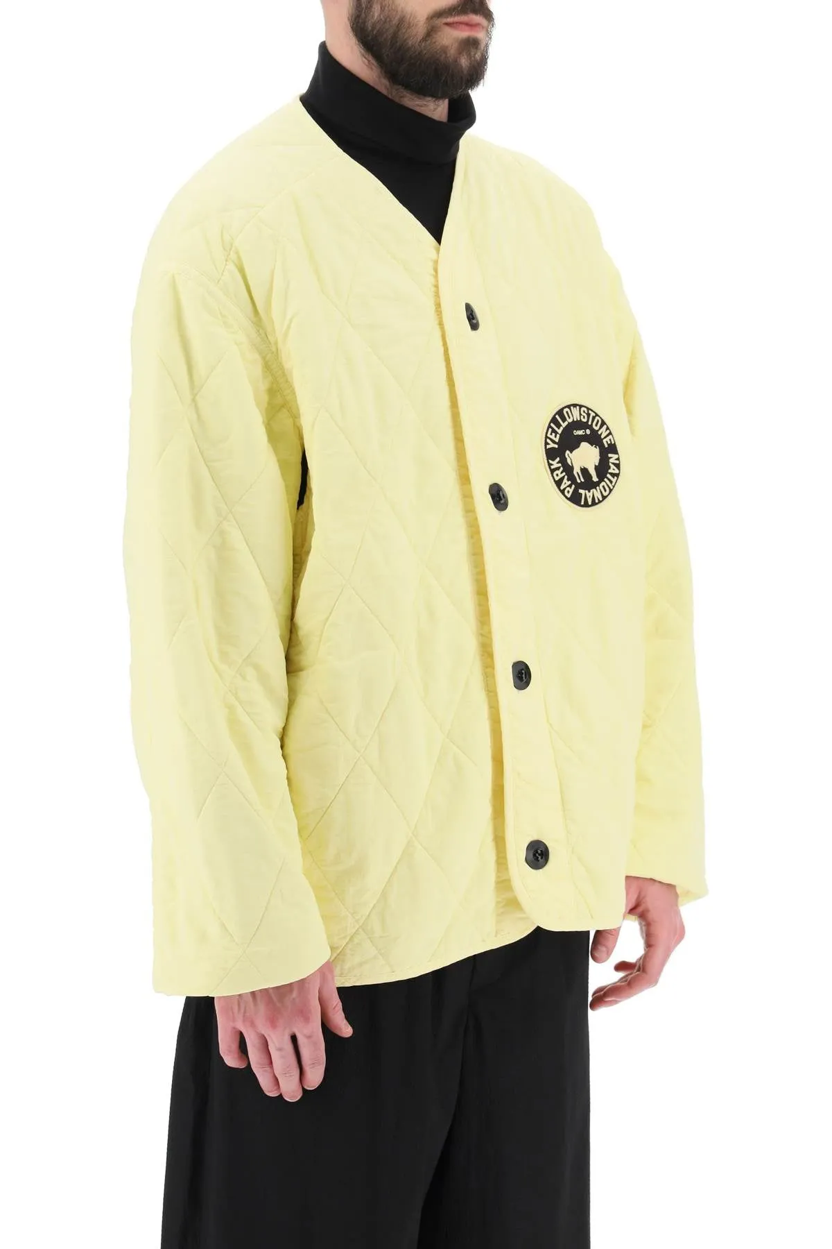 Oamc Denali Quilted Jacket with Print and Embroidery in Light Pastel Yellow