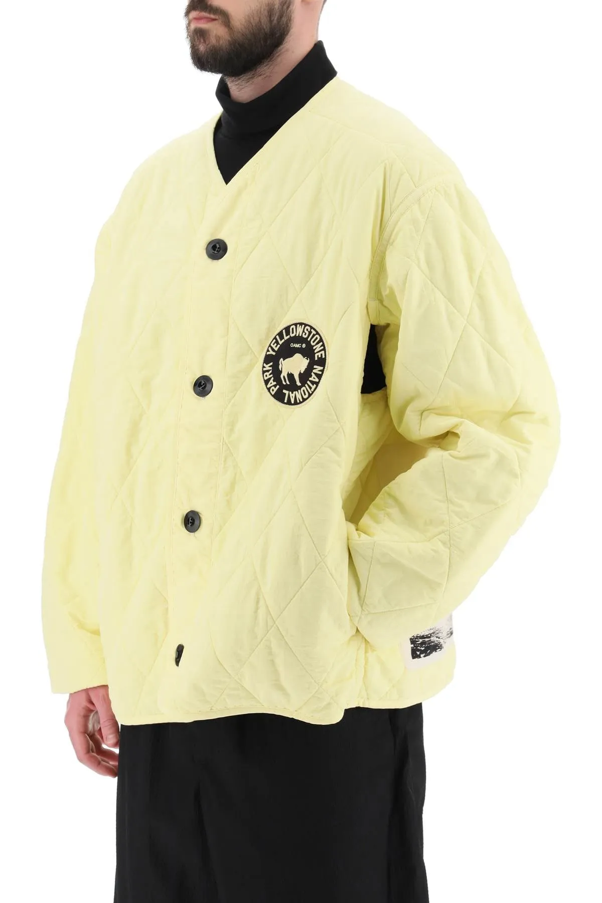 Oamc Denali Quilted Jacket with Print and Embroidery in Light Pastel Yellow