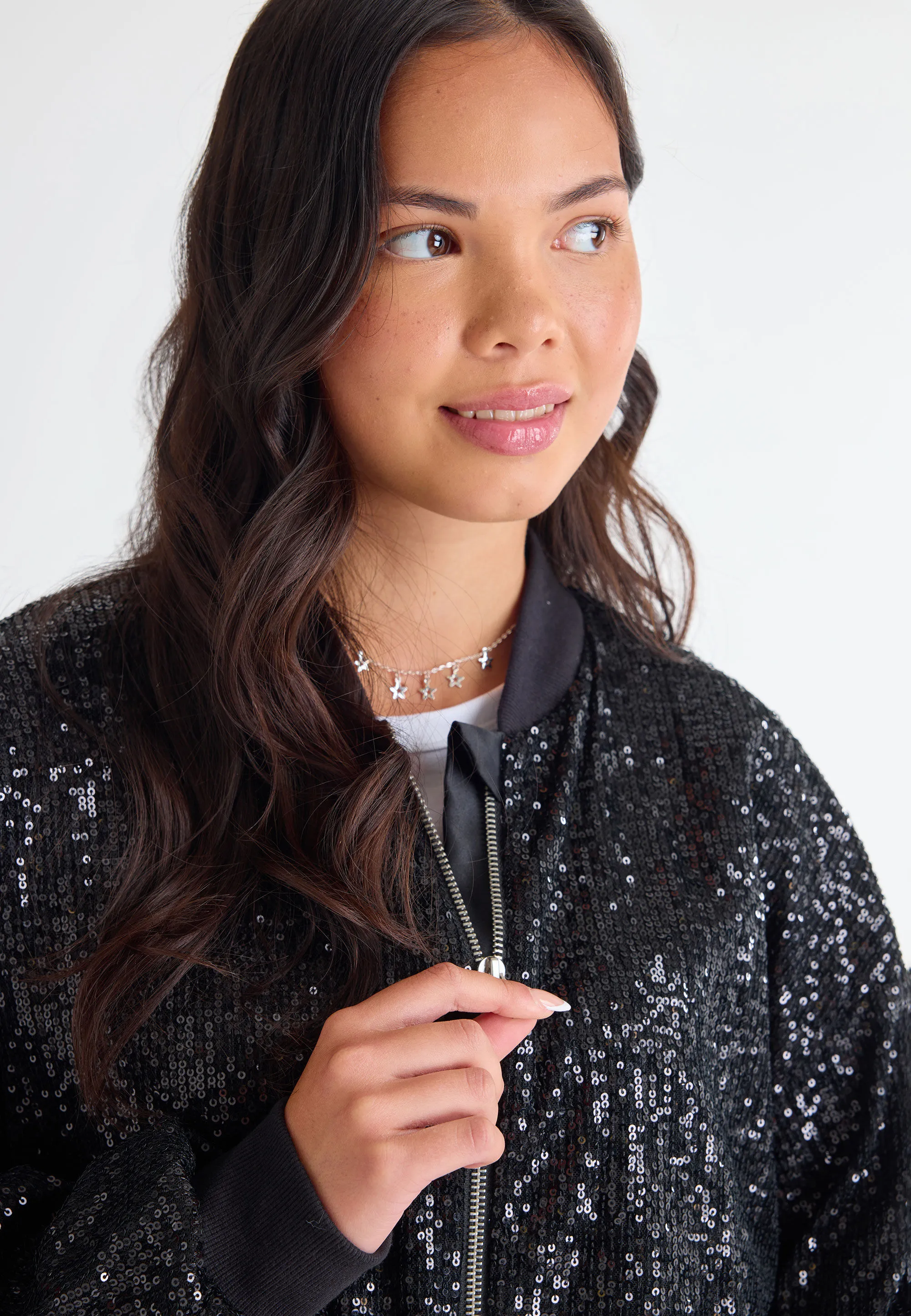 Black Sequin Bomber Jacket for Older Girls