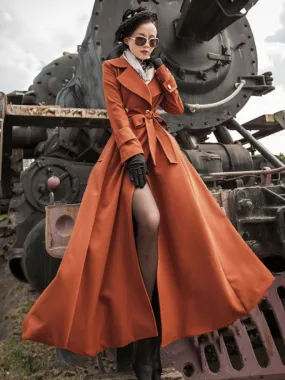 Orange Red V Neck Long Sleeves Sash Stretch Full Length Women's Coat