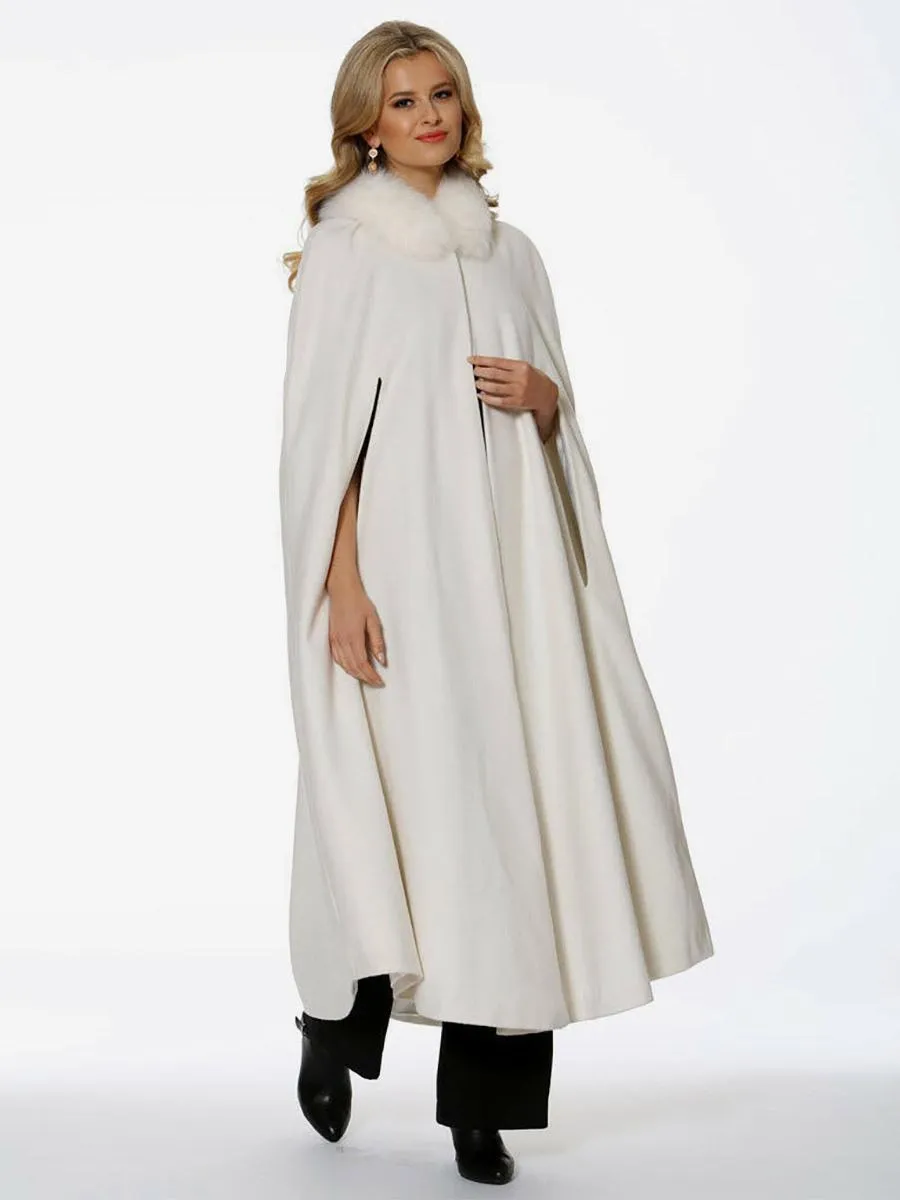 Oversized Ivory Hooded Poncho Cape with Faux Fur - Women's Full Length Outerwear