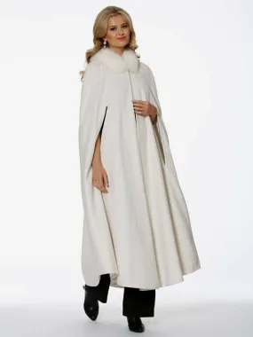 Oversized Ivory Hooded Poncho Cape with Faux Fur - Women's Full Length Outerwear