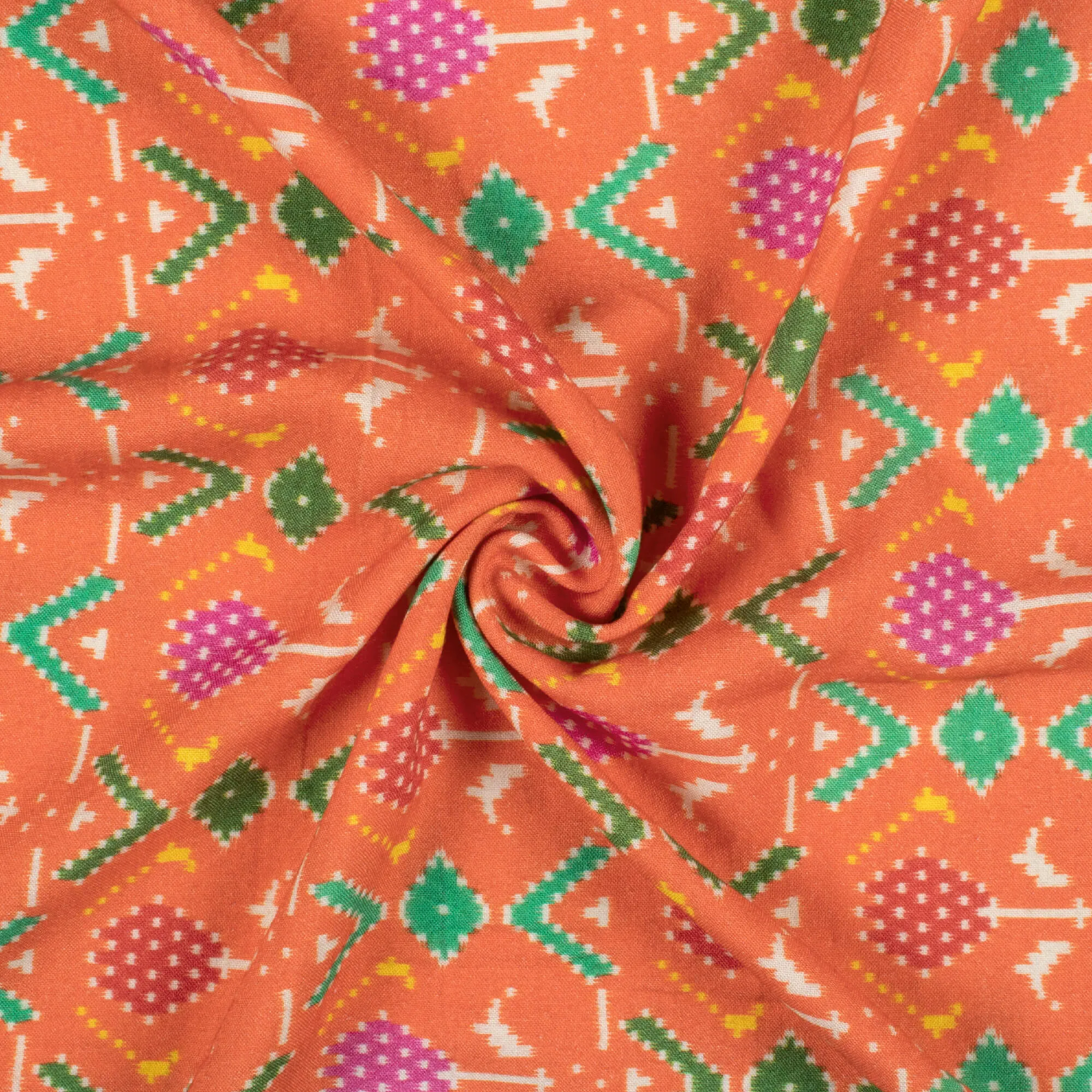 Patola Print Viscose Rayon Fabric - Burnt Orange Paris Green - 58Width