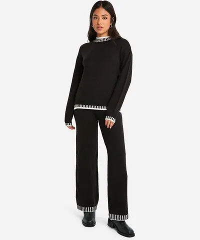 Petite Contrast Trim Sweater And Wide Leg Pants Two-Piece