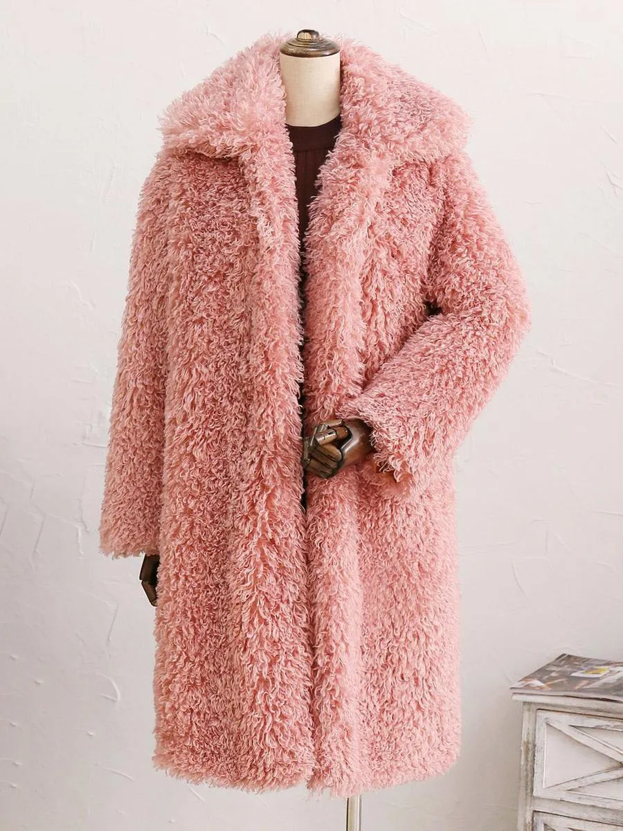 Pink Oversized Eco-Friendly Faux Fur Coat with Turndown Collar