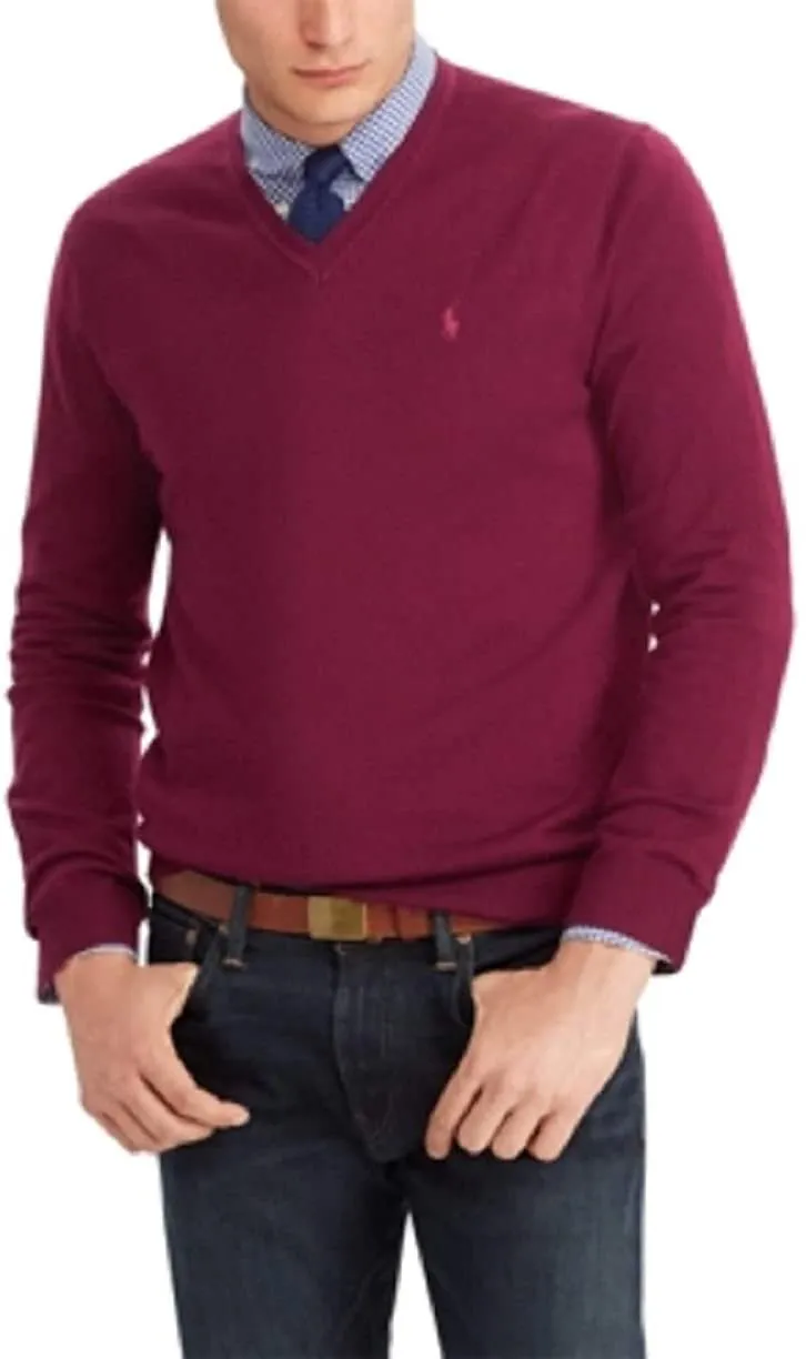 Polo Ralph Lauren Men's Burgundy Merino Wool V-Neck Sweater Small