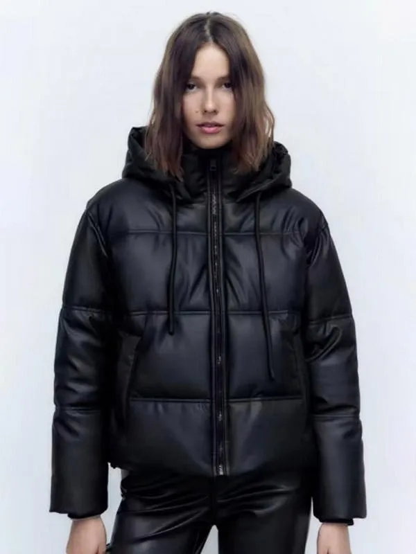 Puffer Jacket with Stand Collar, Hood, Zip-Up Closure, and Slant Pockets for Women - Outerwear