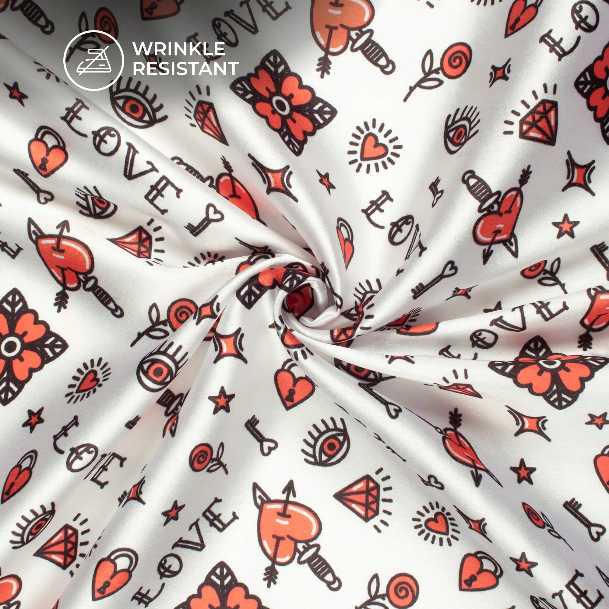 Quirky Japan Satin Fabric in Red and White Print