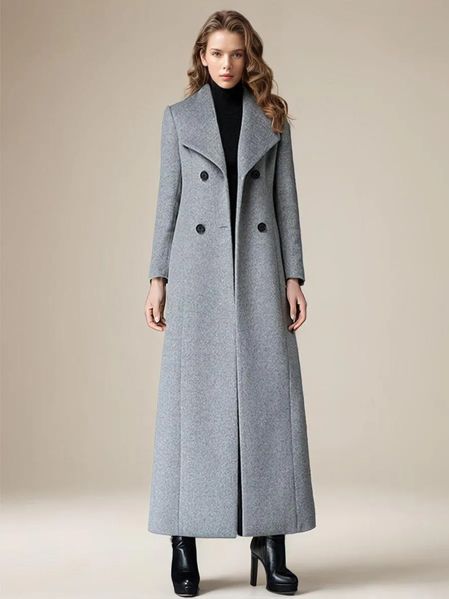 Retro Grey Woolen Wrap Coat with Turndown Collar for Women