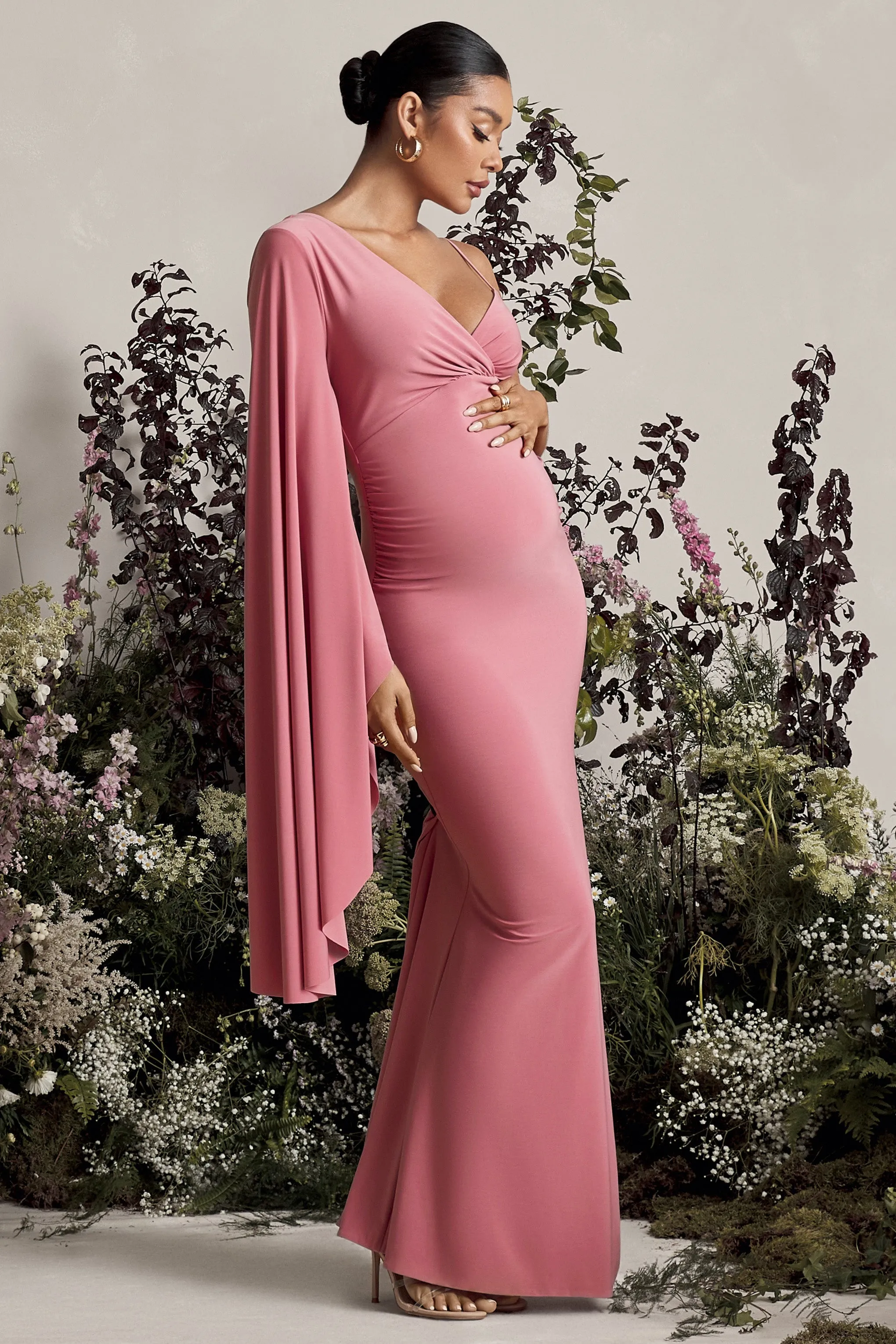 Rhea Blush Pink V Neck Split Maternity Maxi Dress With Cape Sleeve