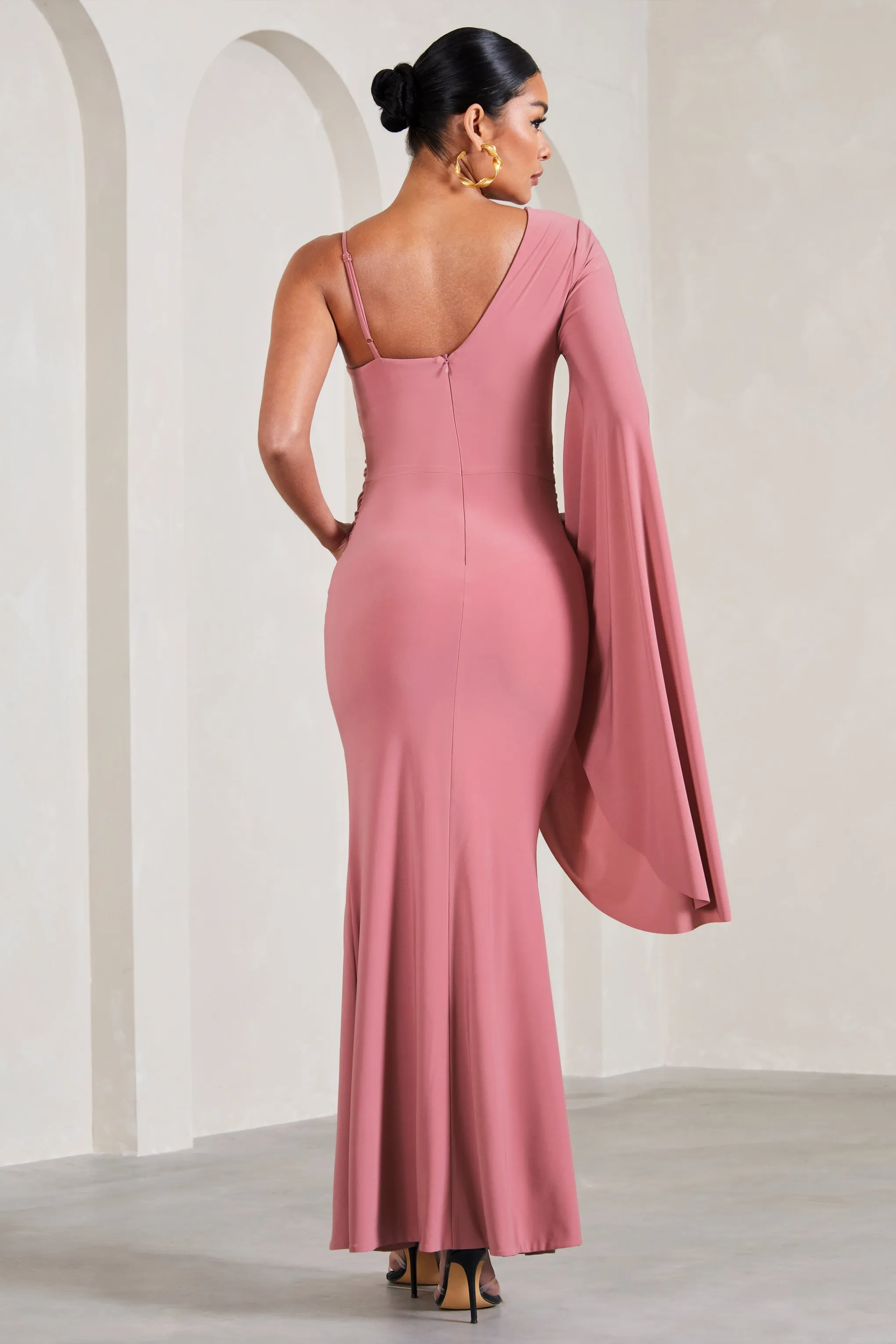 Rhea Blush Pink V Neck Split Maternity Maxi Dress With Cape Sleeve