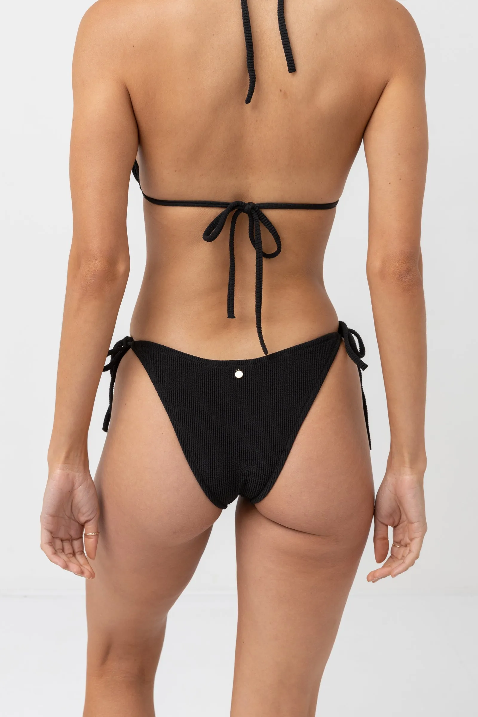 Ribbed High Cut Black Bikini Bottom with Side Ties