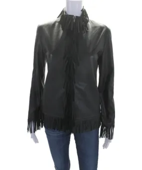 Round Neck Leather Fringe Full Zip Jacket