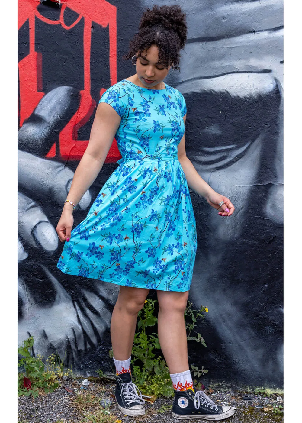 Cherry Blossom 50's Swing Dress Blue by Run & Fly