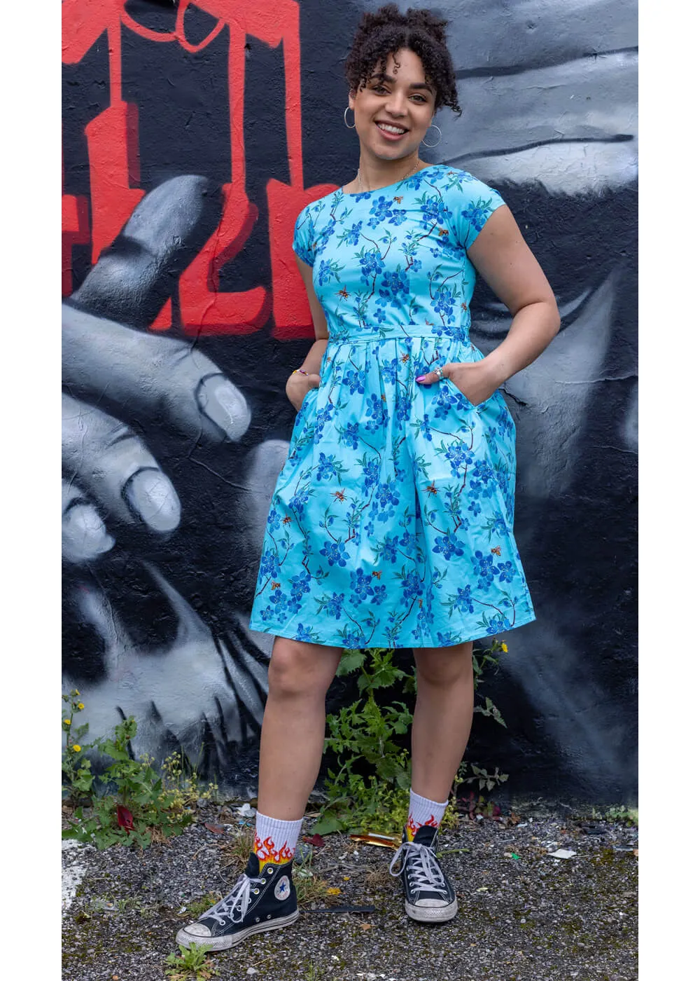 Cherry Blossom 50's Swing Dress Blue by Run & Fly