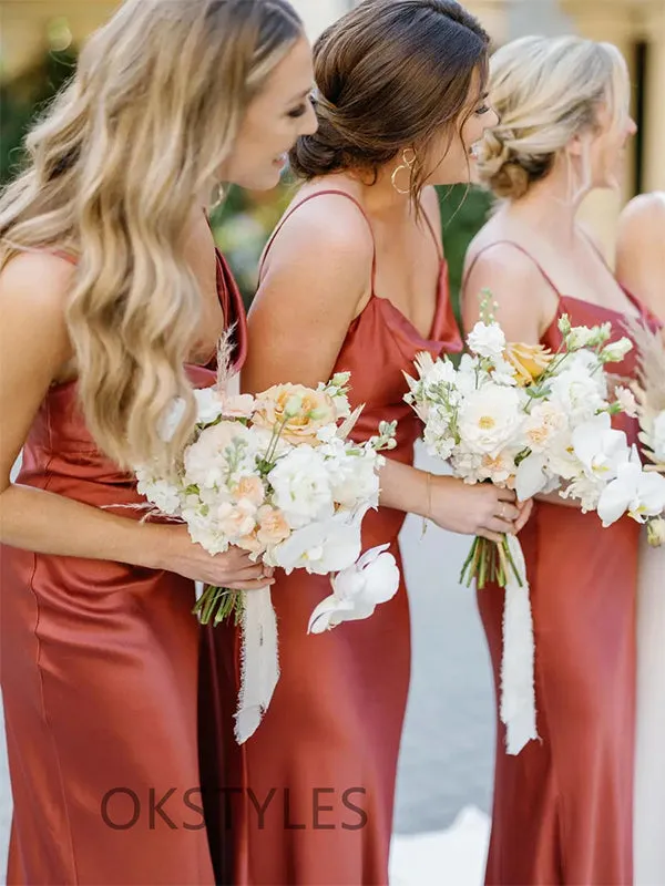 Rust Satin Mermaid Bridesmaid Dresses with Spaghetti Straps