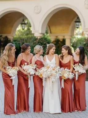 Rust Satin Mermaid Bridesmaid Dresses with Spaghetti Straps