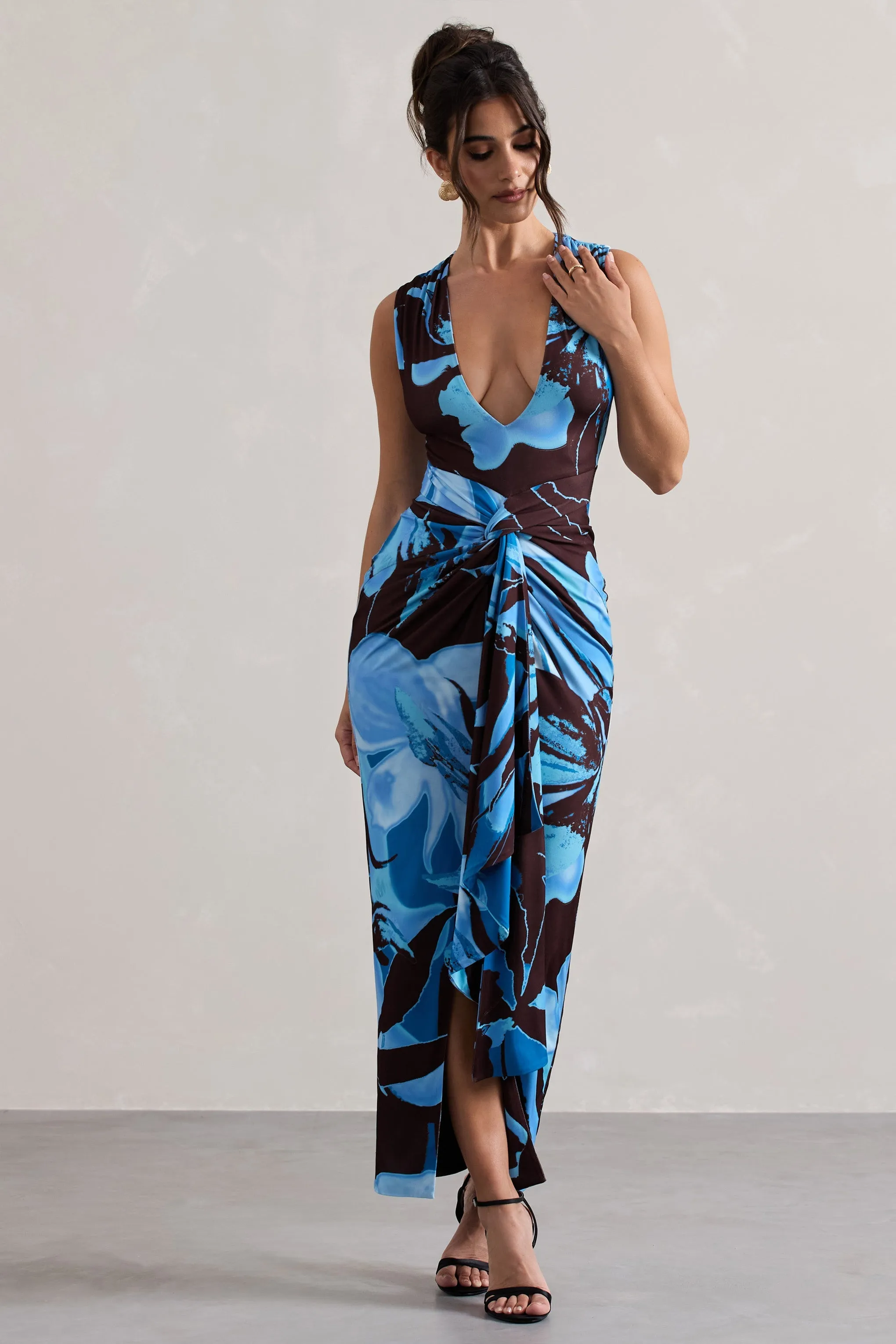 Santana Floral Print Plunge Neck Split Maxi Dress With Knot Detail